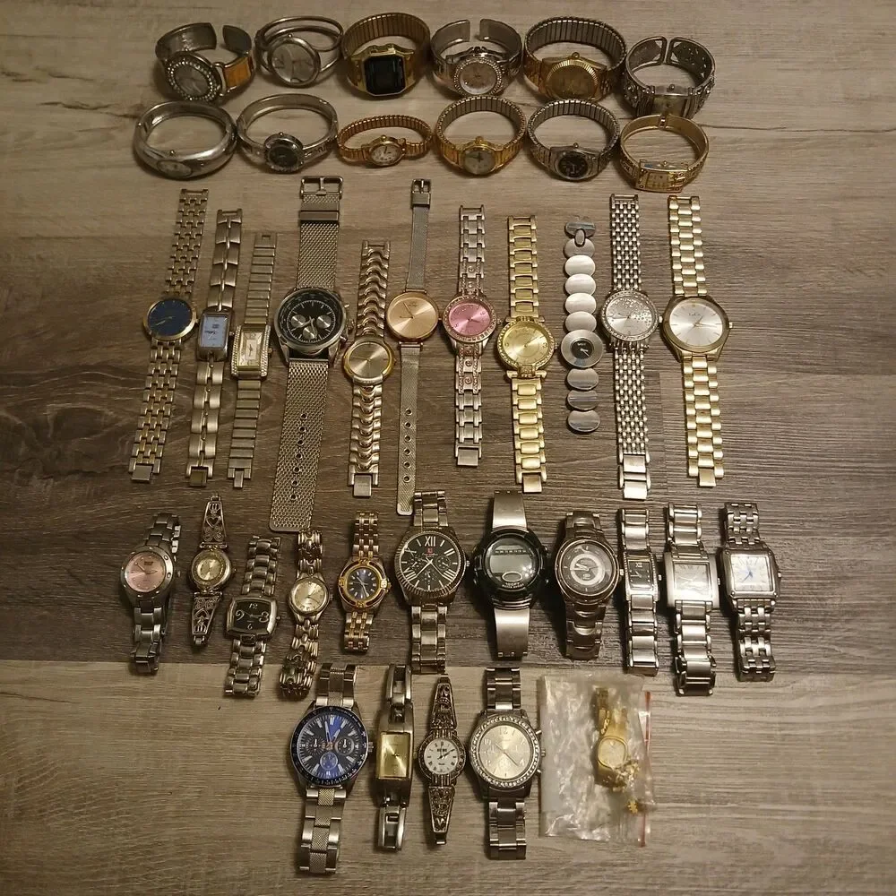 Lot 35+ Watches Parts/Repair ALL Metal Timex Pulsar Fossil DNKY Faded Glory